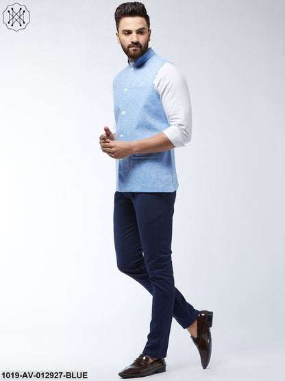 Men's Cotton Linen Blend Blue Nehru Jacket