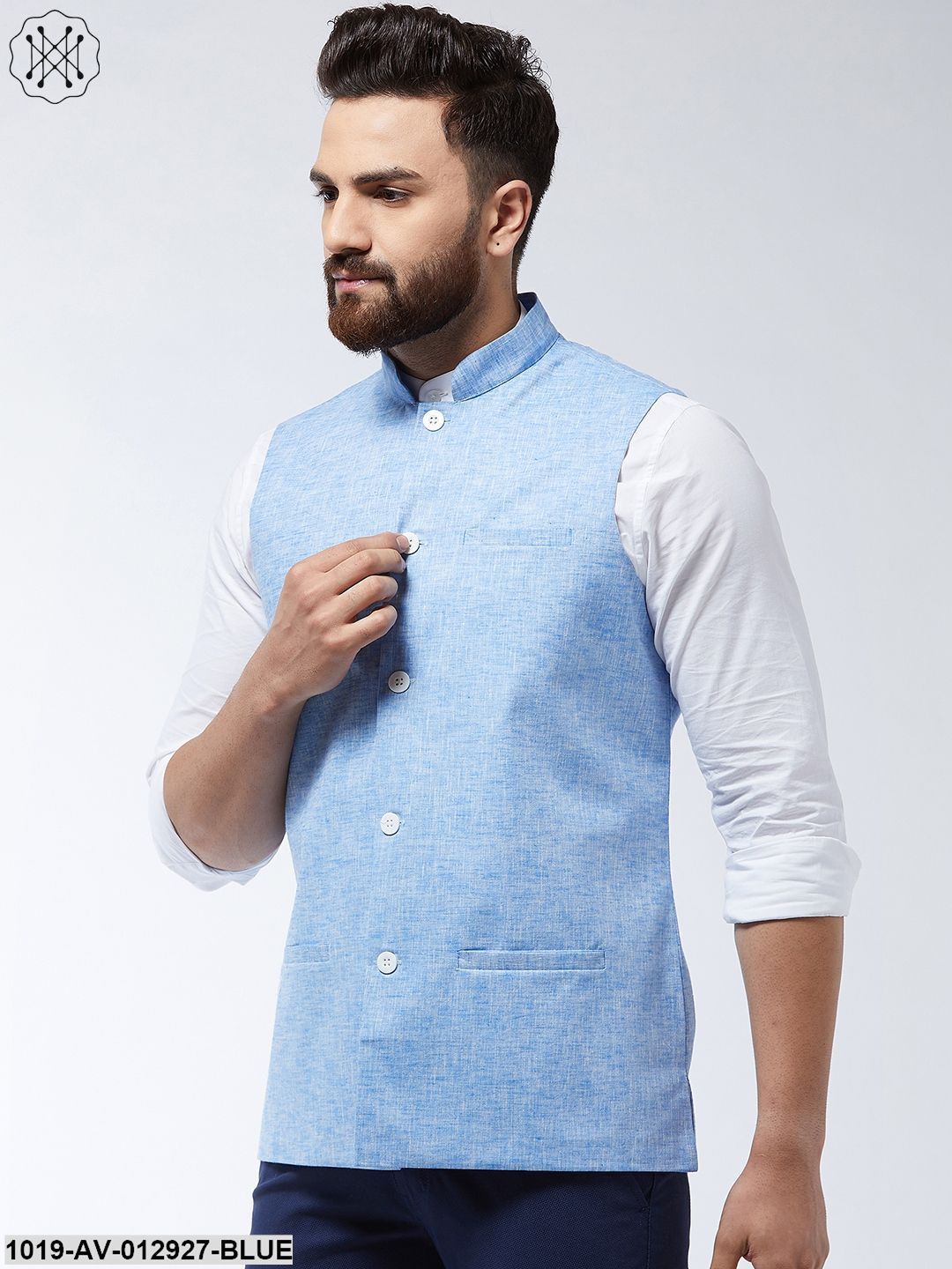 Men's Cotton Linen Blend Blue Nehru Jacket