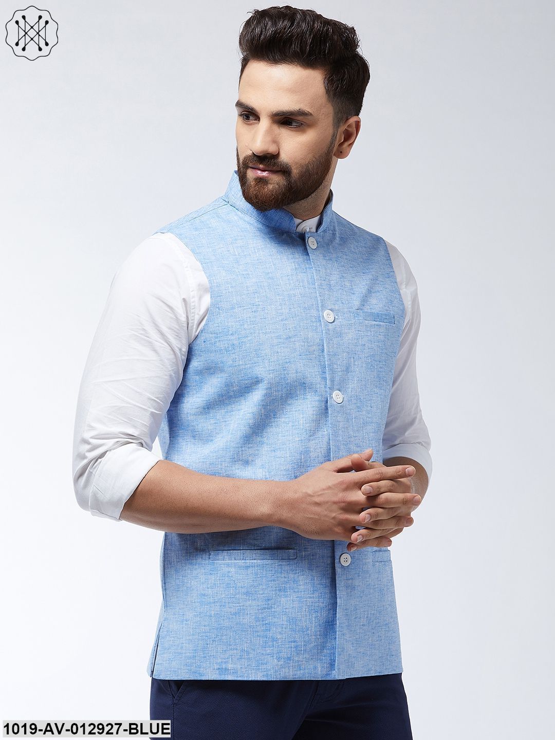 Men's Cotton Linen Blend Blue Nehru Jacket