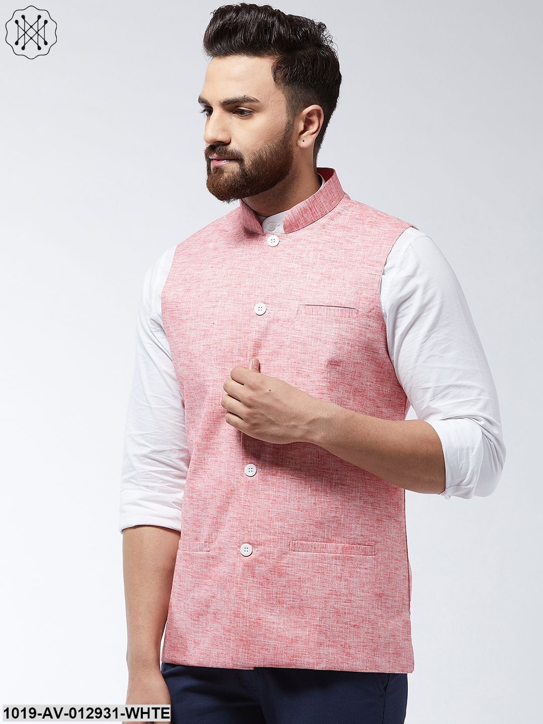 Men's Cotton Linen Blend Coral Nehru Jacket