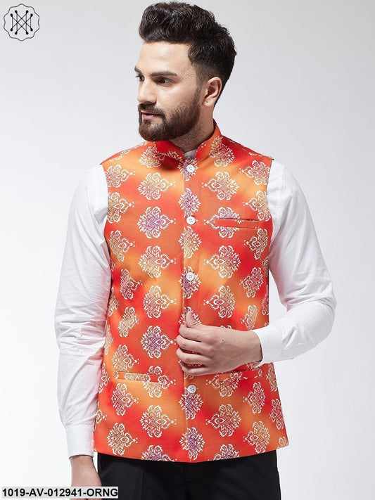 Men's Cotton Blend Orange & Off White Printed Nehru Jacket