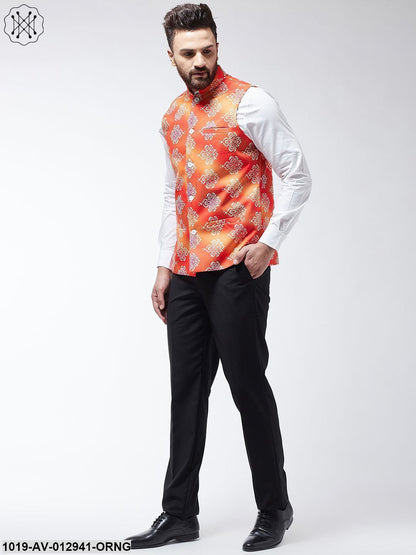 Men's Cotton Blend Orange & Off White Printed Nehru Jacket