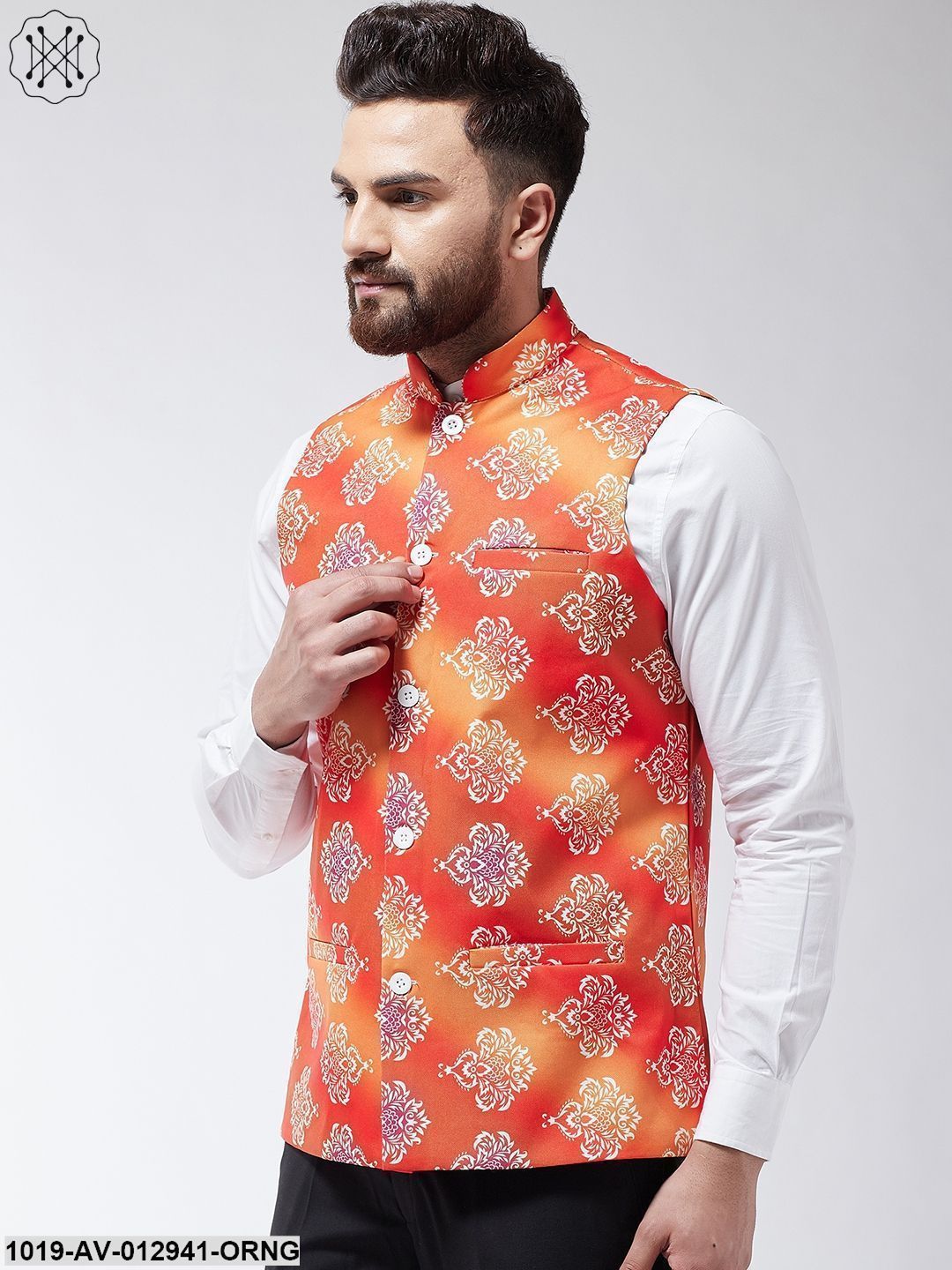 Men's Cotton Blend Orange & Off White Printed Nehru Jacket