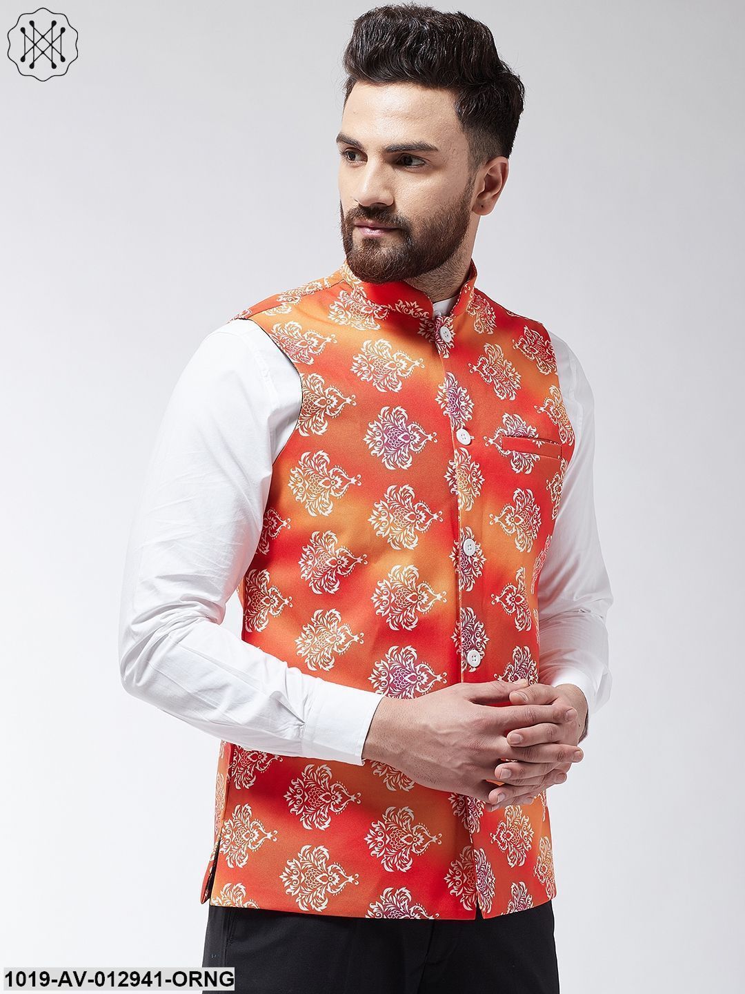 Men's Cotton Blend Orange & Off White Printed Nehru Jacket