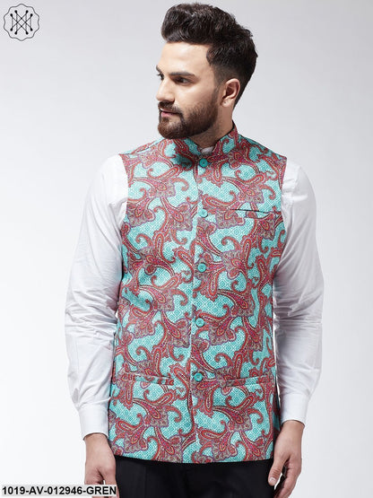 Men's Cotton Blend Sea Green & Multi Printed Nehru Jacket