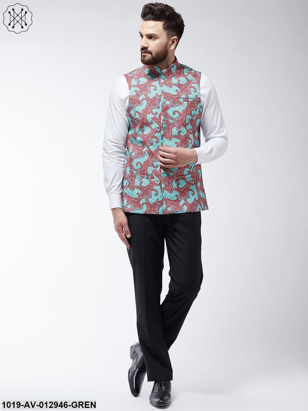 Men's Cotton Blend Sea Green & Multi Printed Nehru Jacket