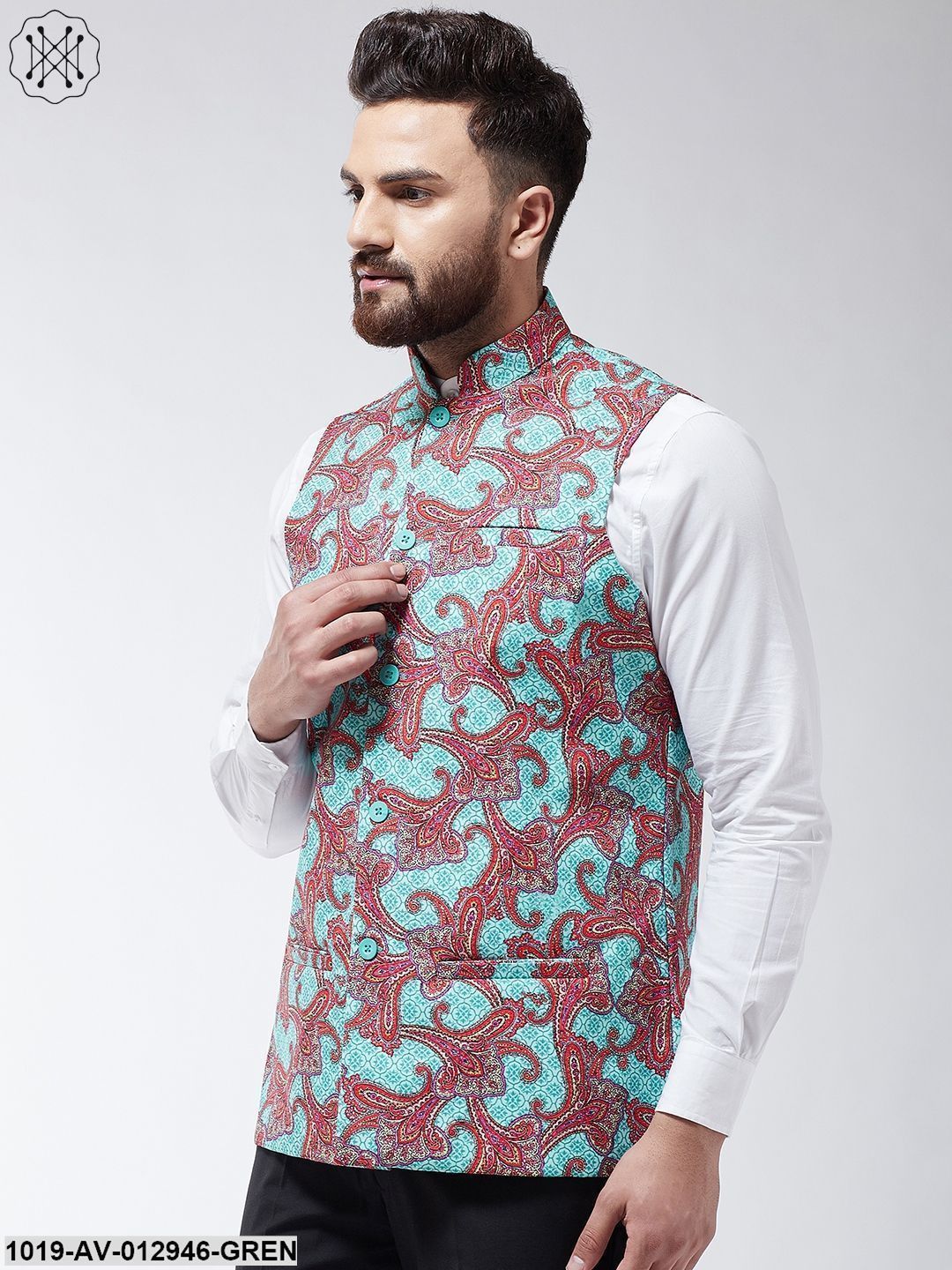 Men's Cotton Blend Sea Green & Multi Printed Nehru Jacket