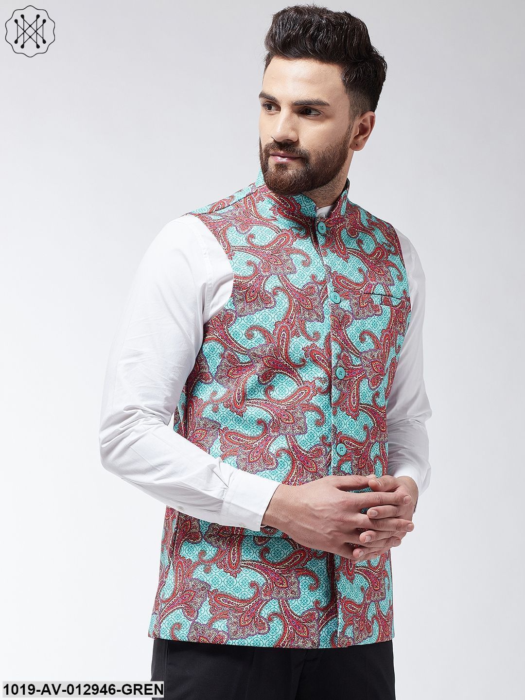 Men's Cotton Blend Sea Green & Multi Printed Nehru Jacket