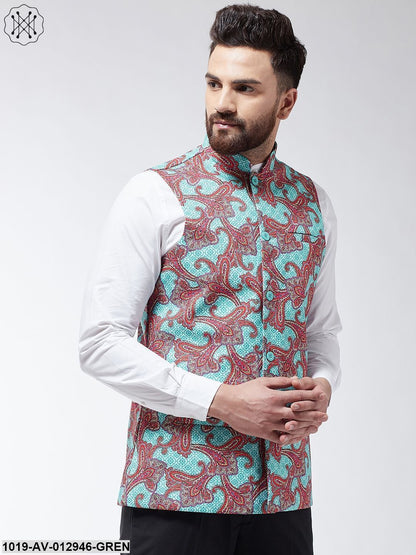 Men's Cotton Blend Sea Green & Multi Printed Nehru Jacket