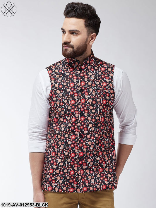 Men's Cotton Blend Black & Red Printed Nehru Jacket