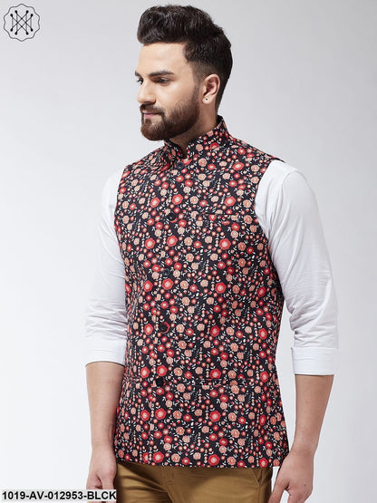 Men's Cotton Blend Black & Red Printed Nehru Jacket