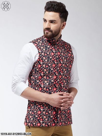 Men's Cotton Blend Black & Red Printed Nehru Jacket