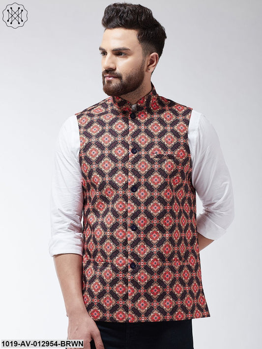 Men's Cotton Blend Coffee Brown & Multi Printed Nehru Jacket