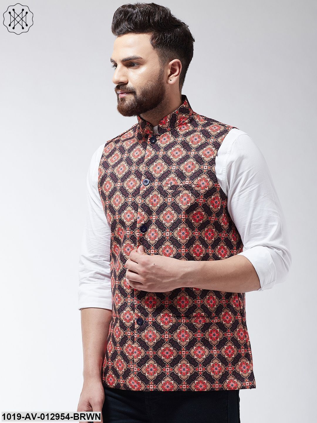 Men's Cotton Blend Coffee Brown & Multi Printed Nehru Jacket