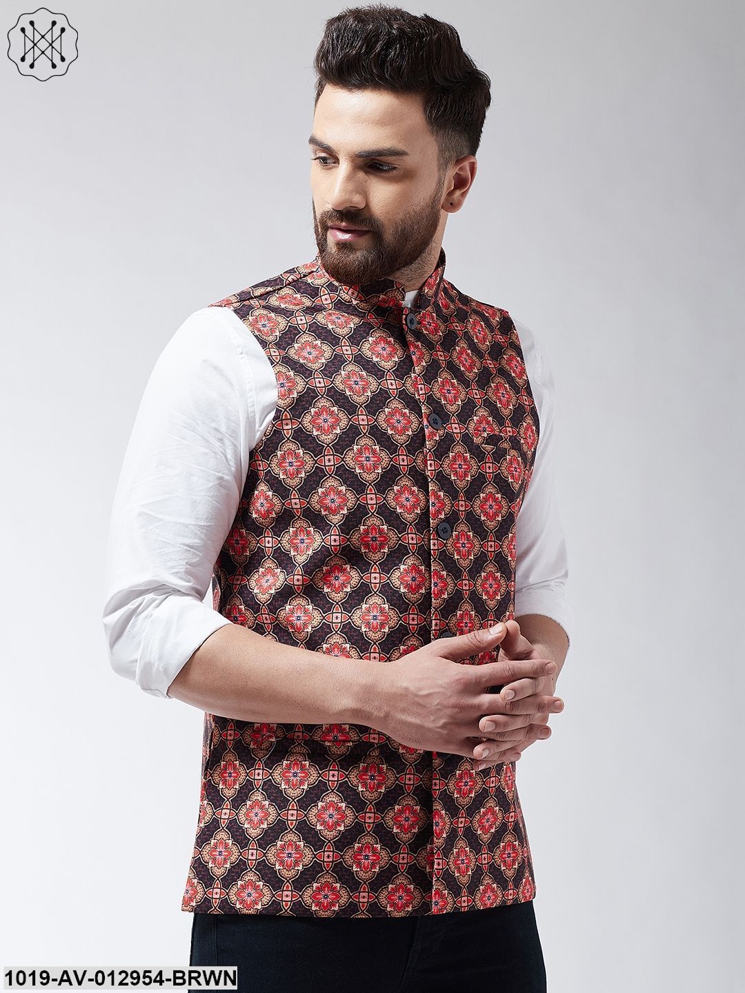 Men's Cotton Blend Coffee Brown & Multi Printed Nehru Jacket