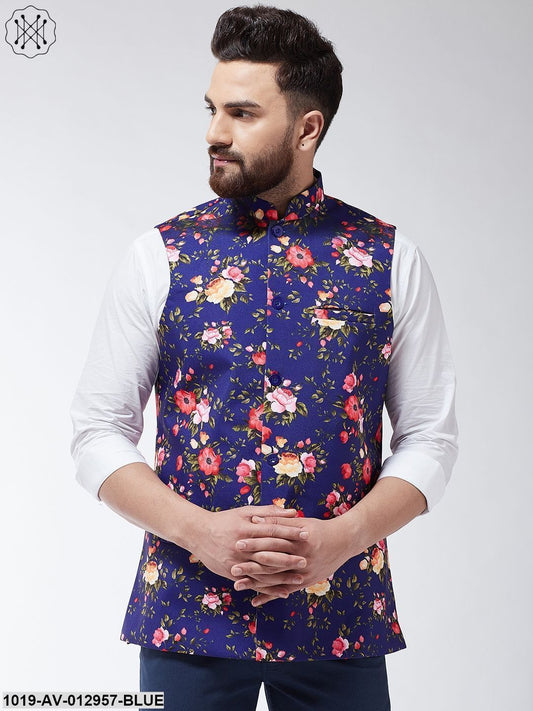 Men's Cotton Blend Royal Blue & Multicolored Printed Nehru Jacket