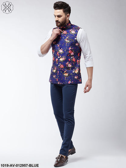 Men's Cotton Blend Royal Blue & Multicolored Printed Nehru Jacket