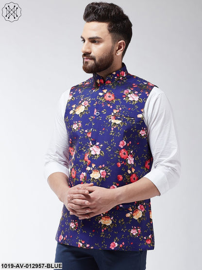 Men's Cotton Blend Royal Blue & Multicolored Printed Nehru Jacket