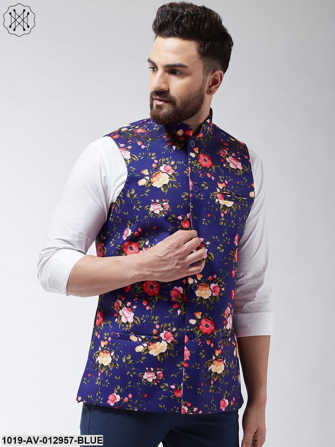 Men's Cotton Blend Royal Blue & Multicolored Printed Nehru Jacket