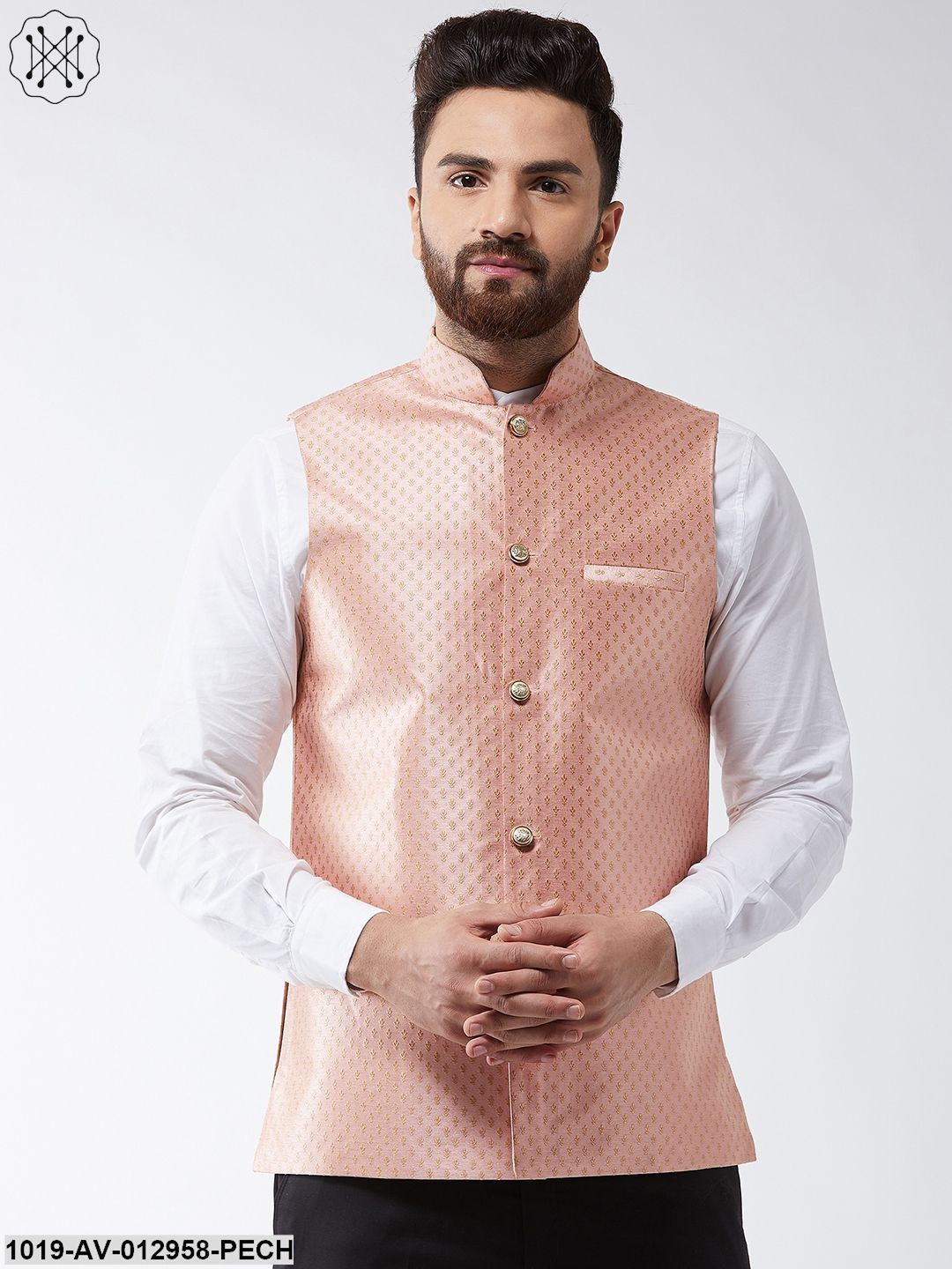 Men's Silk Blend Peach & Gold Self Design Nehru Jacket