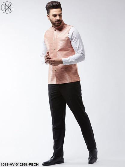 Men's Silk Blend Peach & Gold Self Design Nehru Jacket