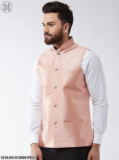 Men's Silk Blend Peach & Gold Self Design Nehru Jacket