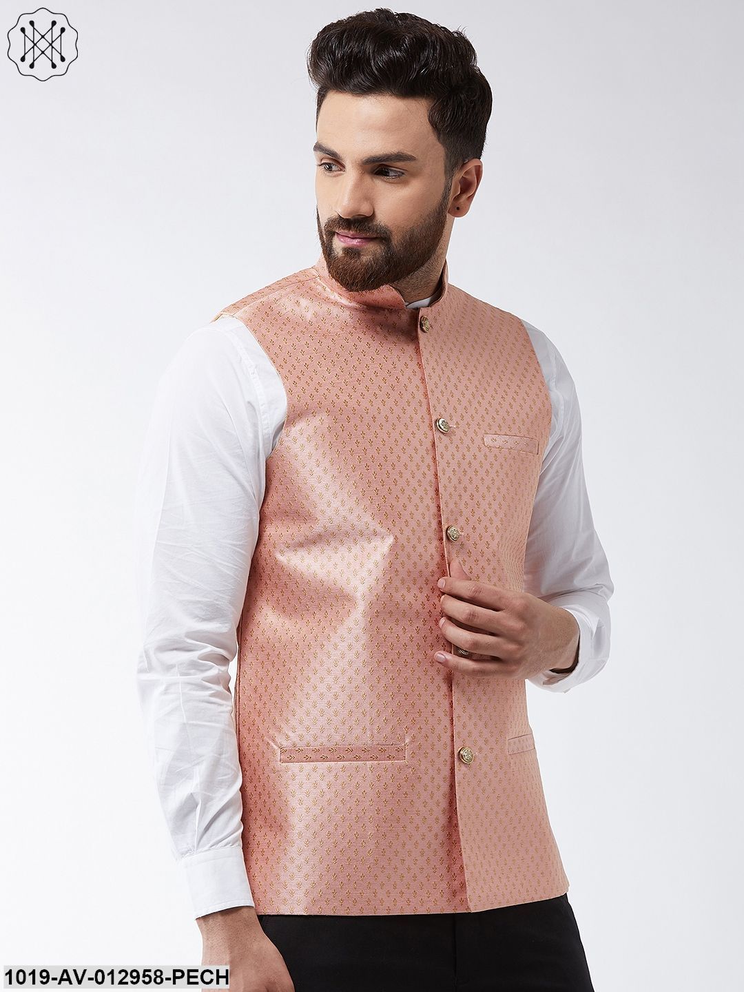 Men's Silk Blend Peach & Gold Self Design Nehru Jacket