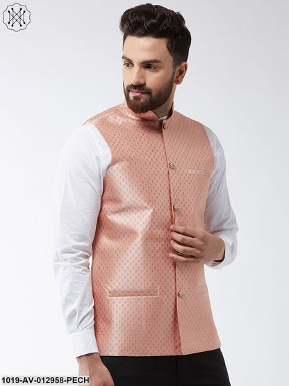 Men's Silk Blend Peach & Gold Self Design Nehru Jacket