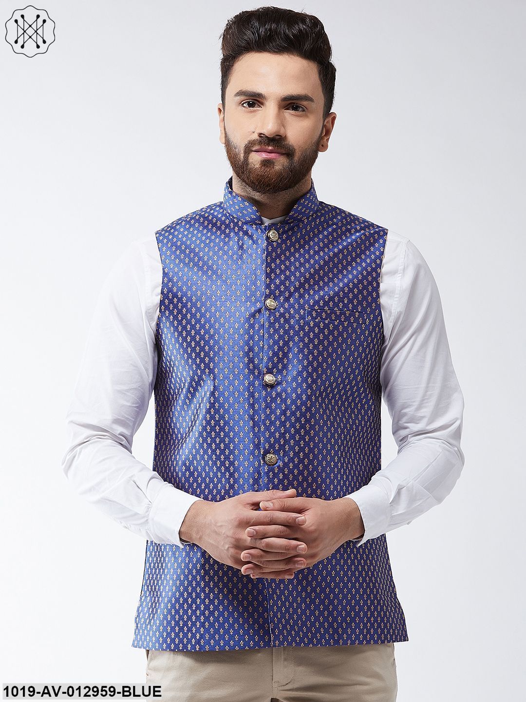 Men's Silk Blend Royal Blue & Gold Self Design Nehru Jacket