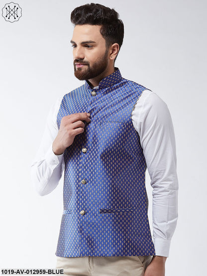 Men's Silk Blend Royal Blue & Gold Self Design Nehru Jacket