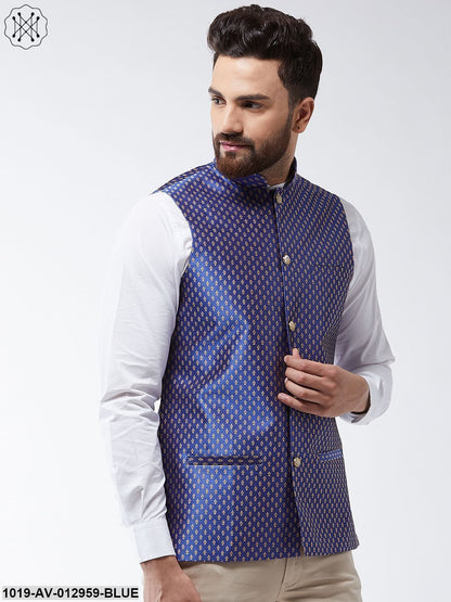 Men's Silk Blend Royal Blue & Gold Self Design Nehru Jacket