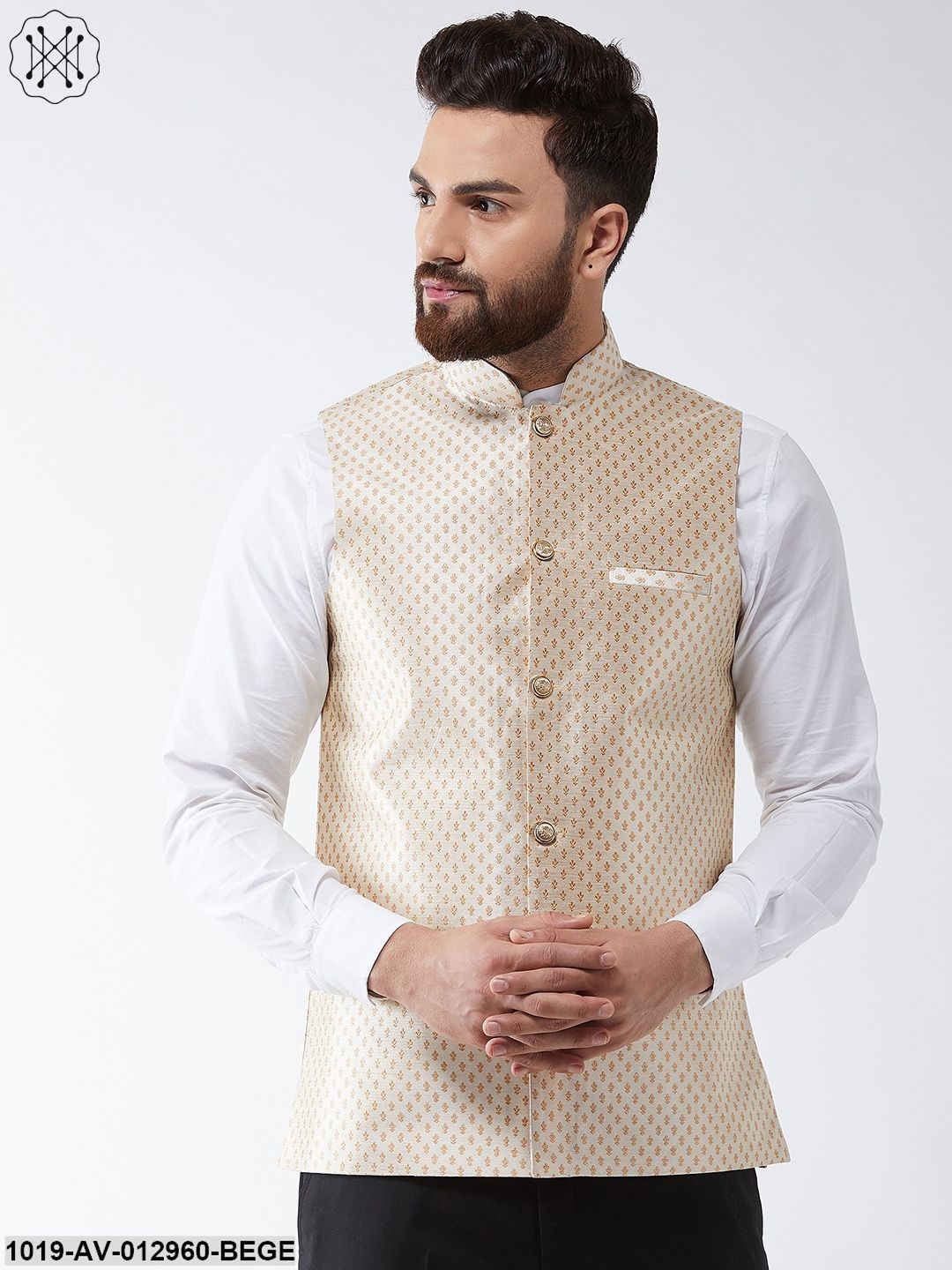 Men's Silk Blend Beige & Gold Self Design Nehru Jacket