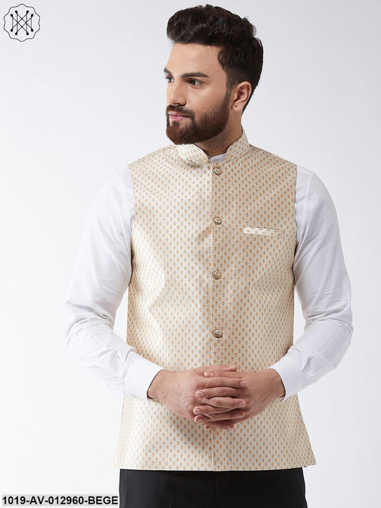 Men's Silk Blend Beige & Gold Self Design Nehru Jacket