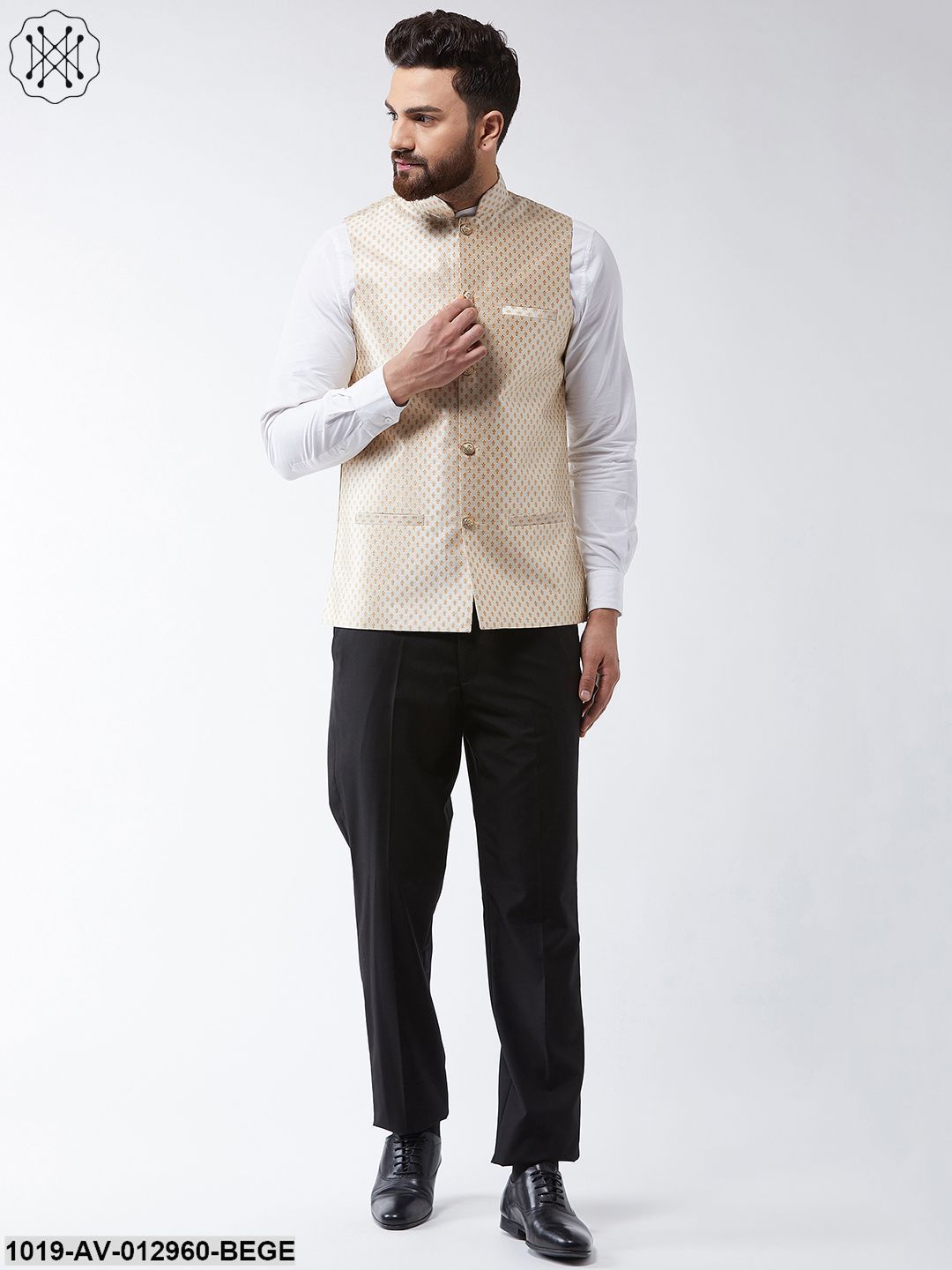 Men's Silk Blend Beige & Gold Self Design Nehru Jacket