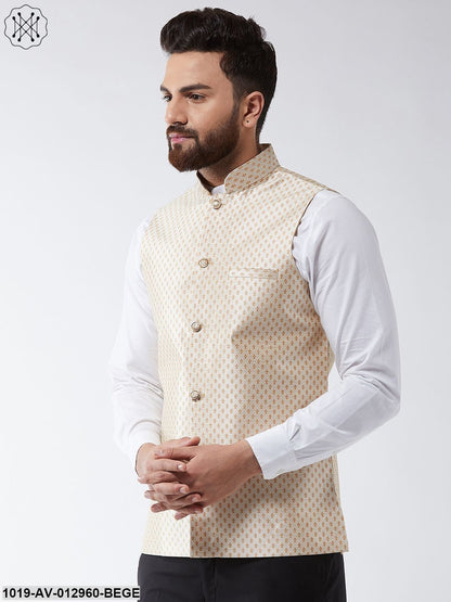 Men's Silk Blend Beige & Gold Self Design Nehru Jacket