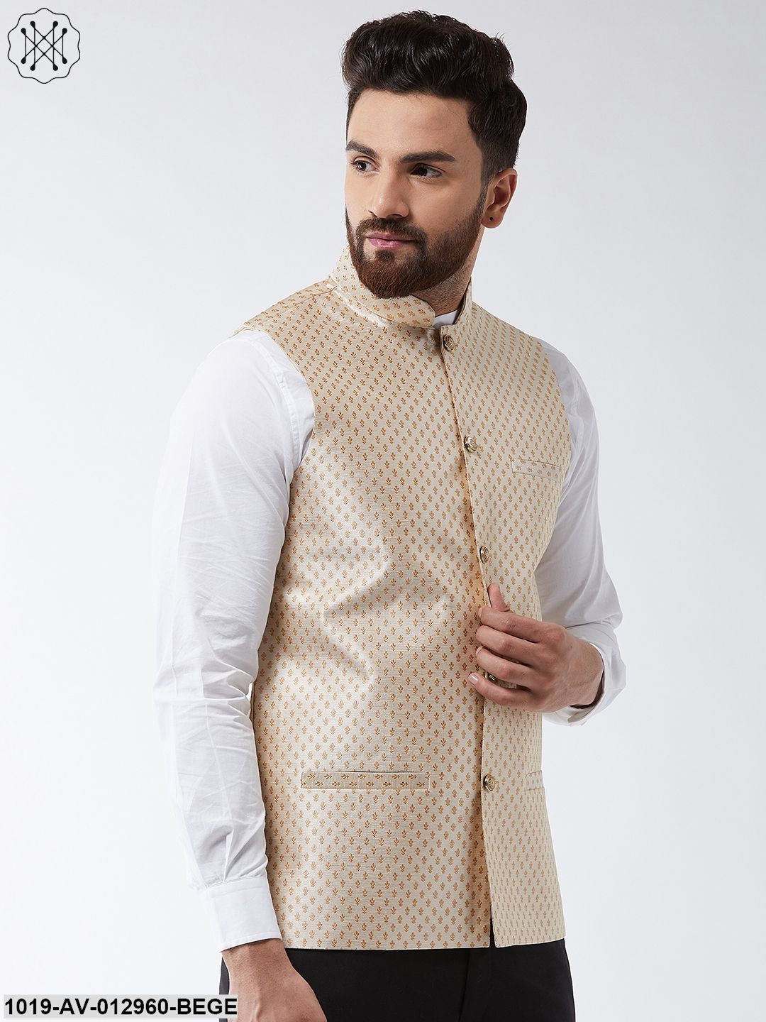 Men's Silk Blend Beige & Gold Self Design Nehru Jacket