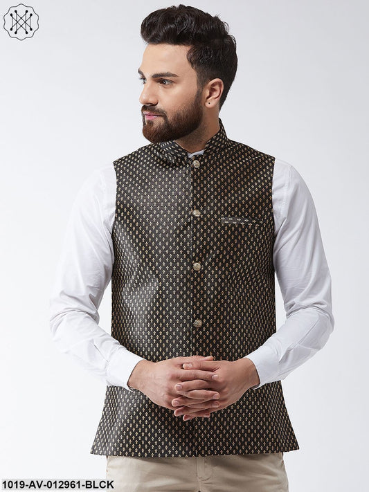 Men's Silk Blend Black & Gold Self Design Nehru Jacket