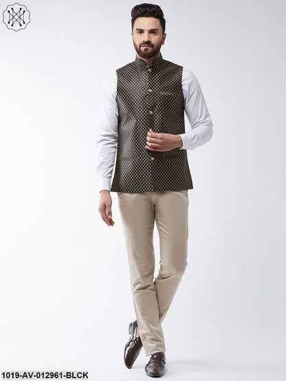 Men's Silk Blend Black & Gold Self Design Nehru Jacket