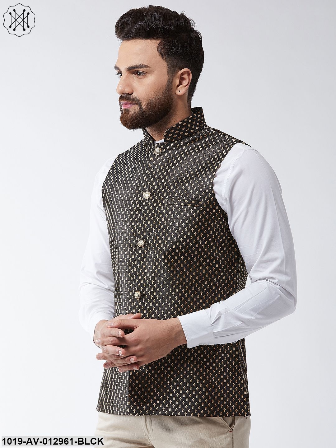 Men's Silk Blend Black & Gold Self Design Nehru Jacket