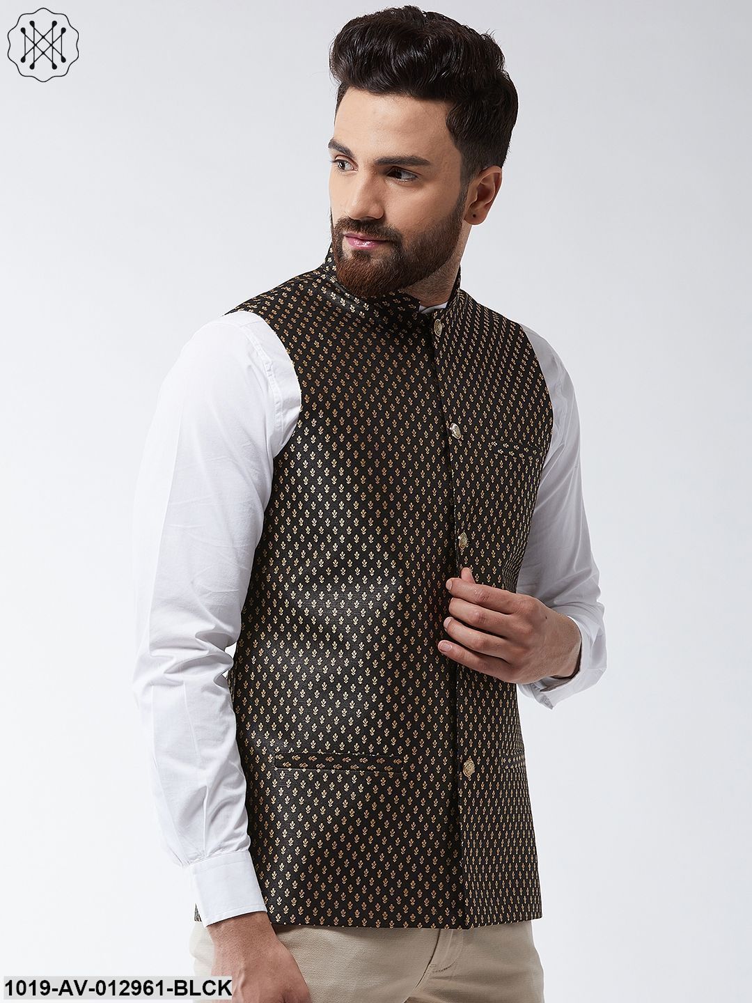 Men's Silk Blend Black & Gold Self Design Nehru Jacket