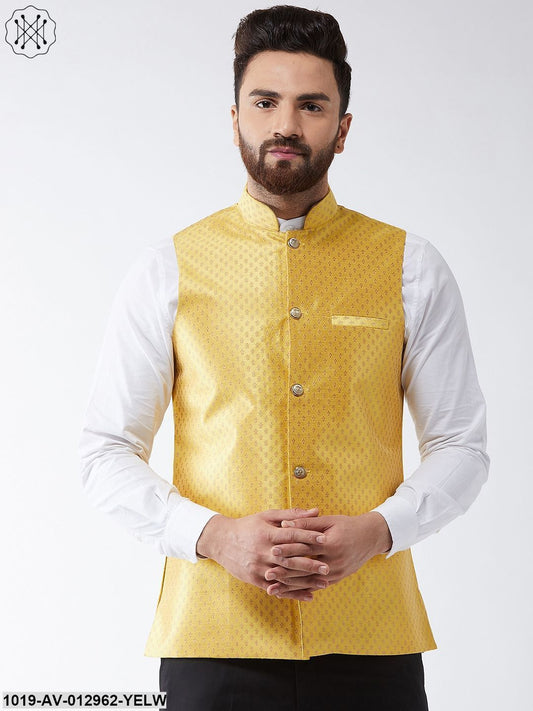 Men's Silk Blend Yellow & Gold Self Design Nehru Jacket