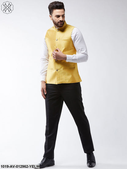 Men's Silk Blend Yellow & Gold Self Design Nehru Jacket