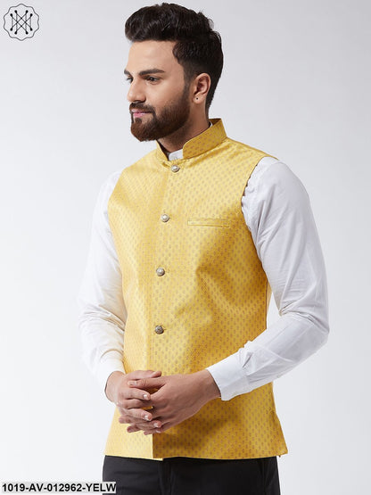 Men's Silk Blend Yellow & Gold Self Design Nehru Jacket