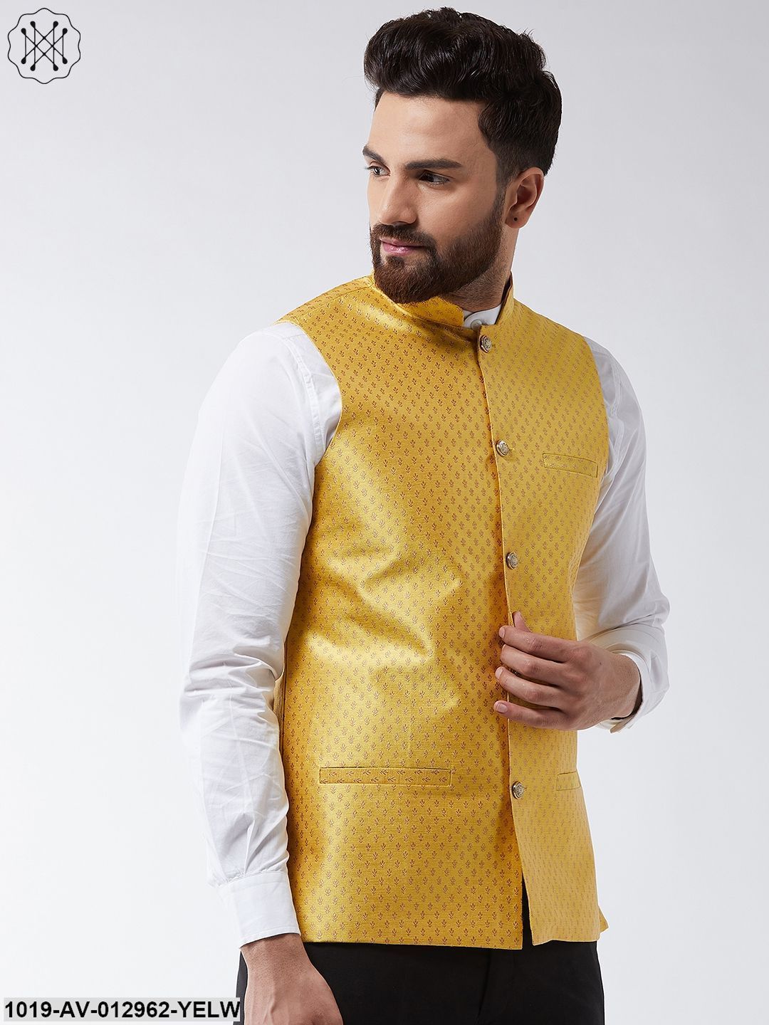 Men's Silk Blend Yellow & Gold Self Design Nehru Jacket