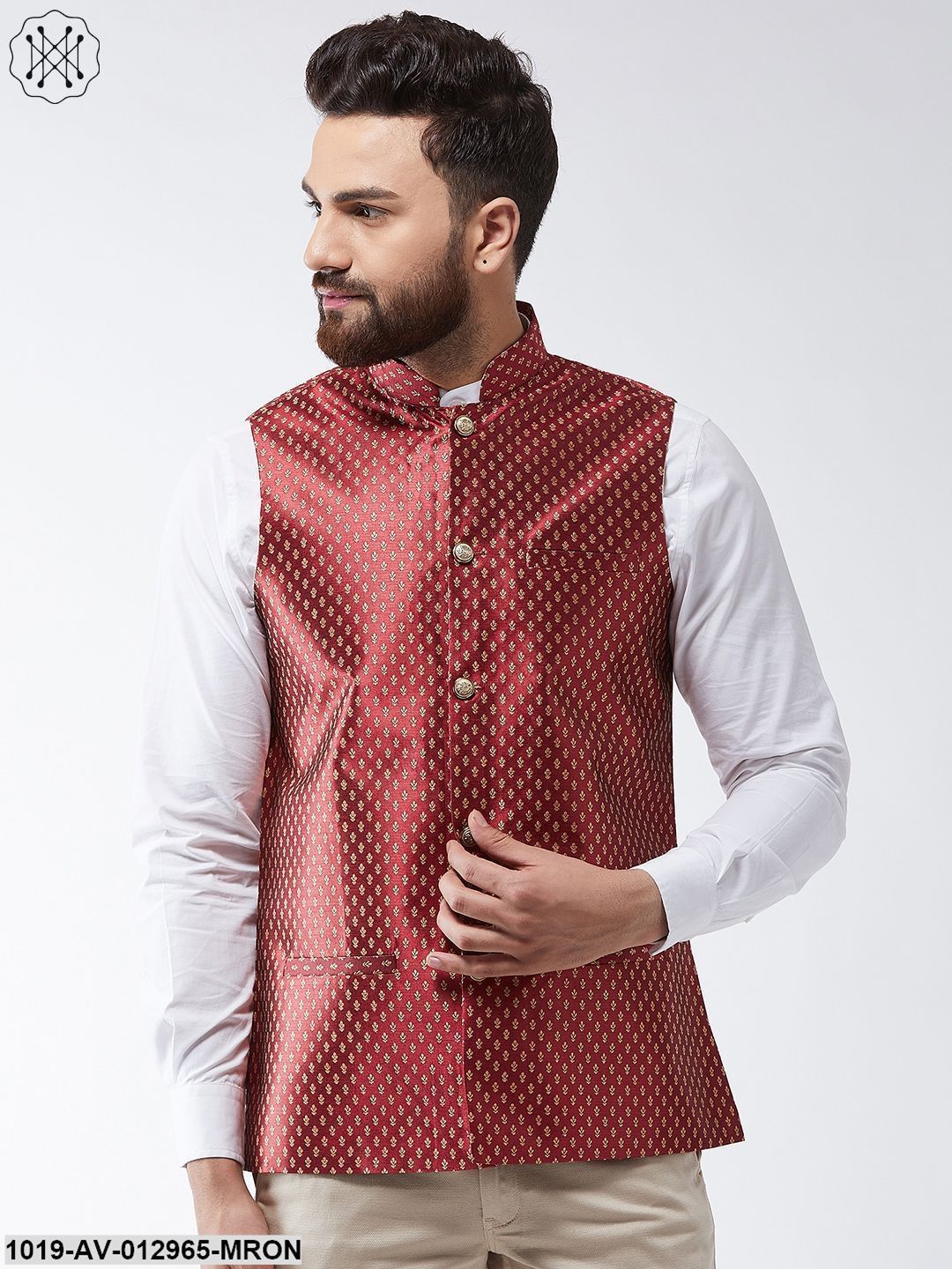 Men's Silk Blend Maroon & Gold Self Design Nehru Jacket