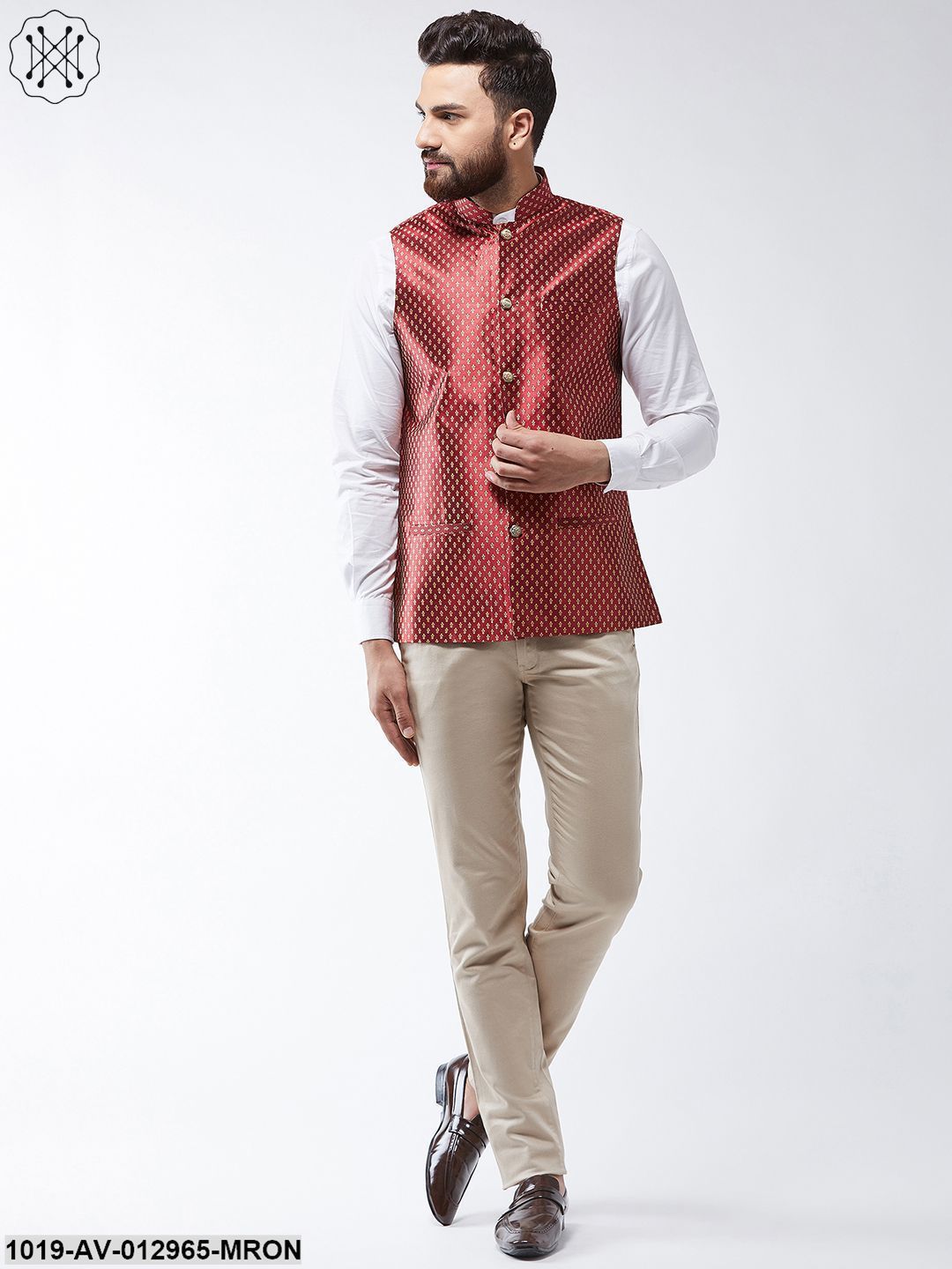 Men's Silk Blend Maroon & Gold Self Design Nehru Jacket