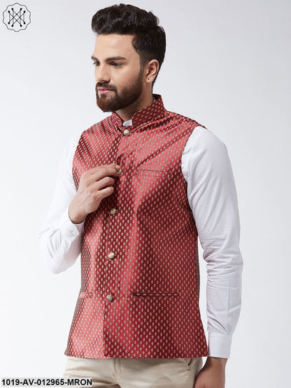 Men's Silk Blend Maroon & Gold Self Design Nehru Jacket