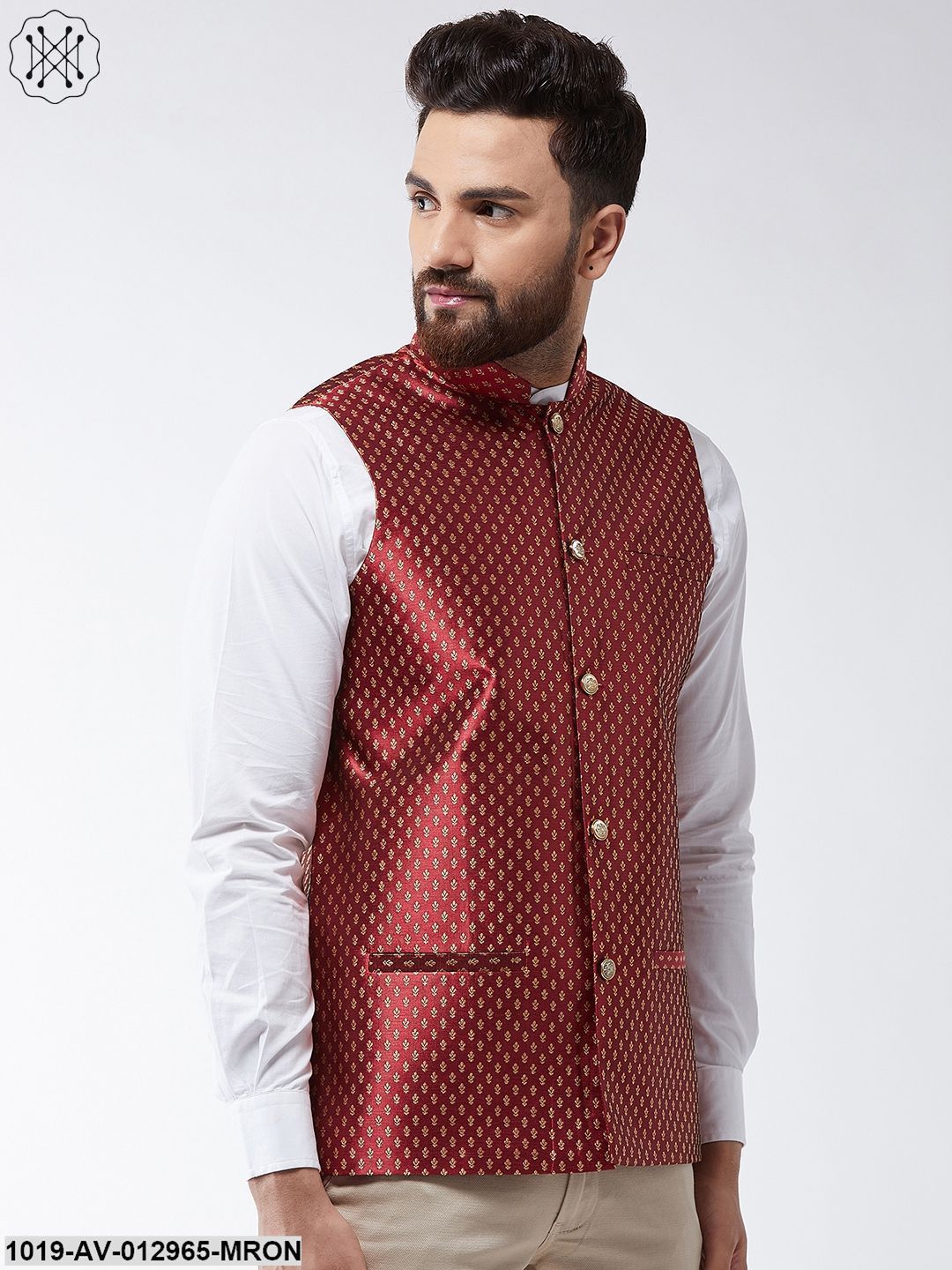 Men's Silk Blend Maroon & Gold Self Design Nehru Jacket