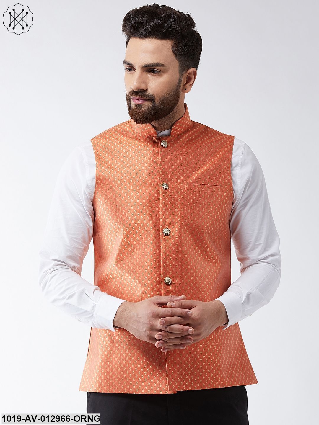 Men's Silk Blend Orange & Gold Self Design Nehru Jacket