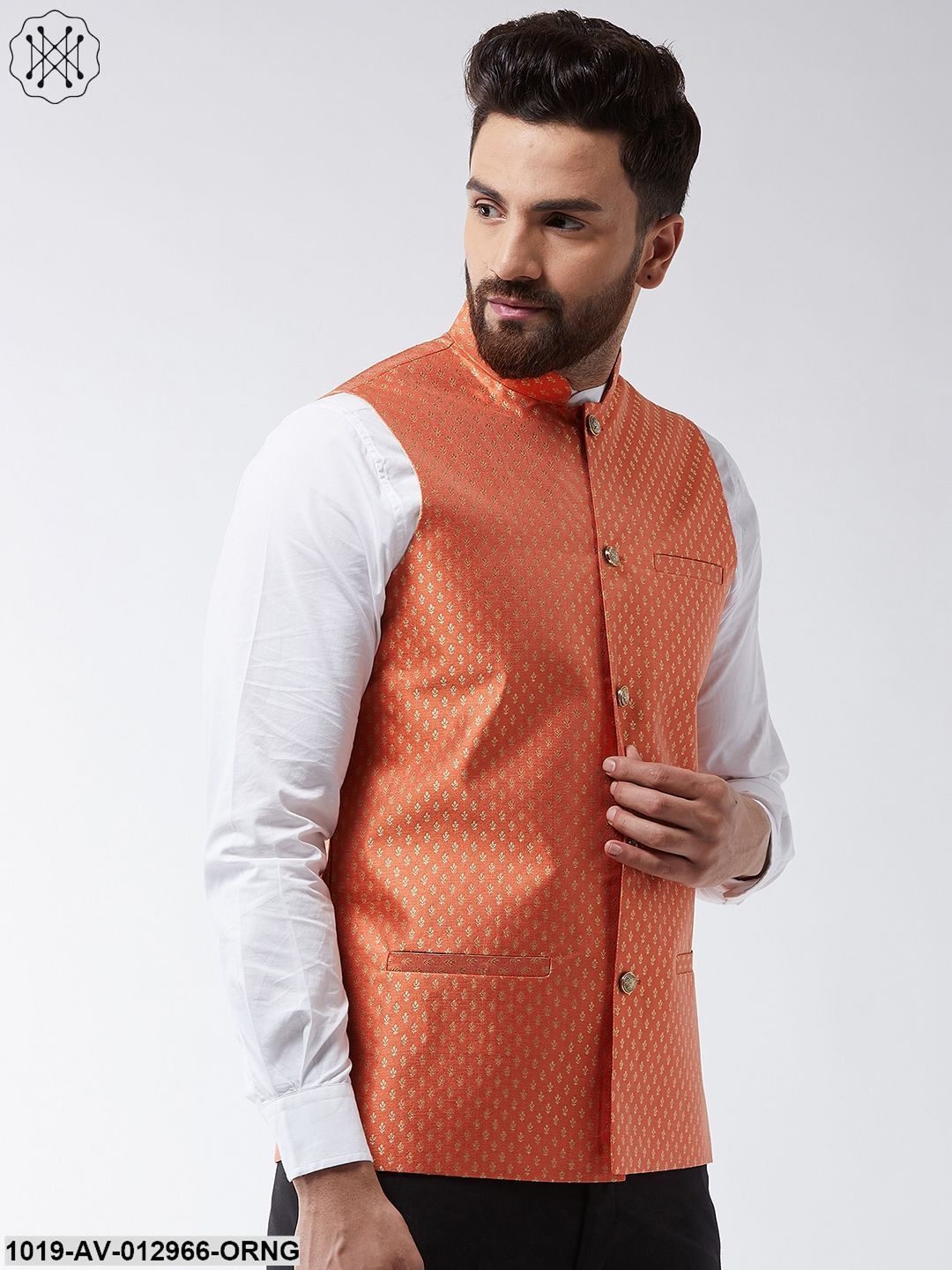 Men's Silk Blend Orange & Gold Self Design Nehru Jacket